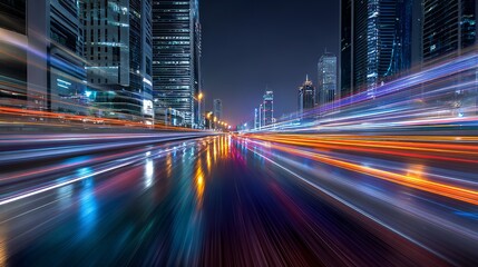 Obraz premium A bustling city street at night with colorful light trails and modern skyscrapers