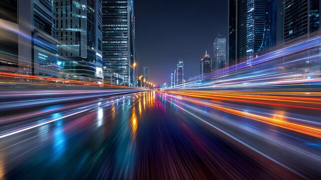 A bustling city street at night with colorful light trails and modern skyscrapers