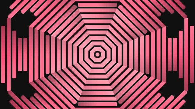 Vibrant pink geometric octagonal fractal pattern with 3D effect, emanating from a central point, creating an abstract optical illusion of depth and movement. Abstract