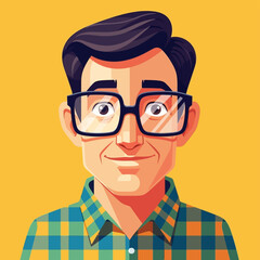Cartoon Man Wearing Glasses Plaid Shirt.