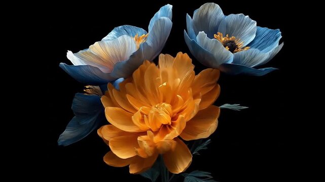 Vibrant floral composition blue and orange blossoms against black background