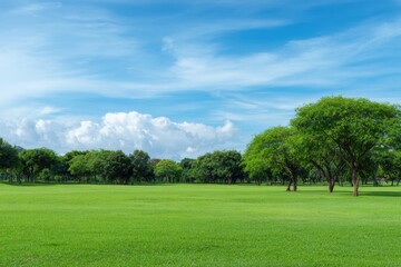 Obraz premium Vast green park landscape with trees and blue sky