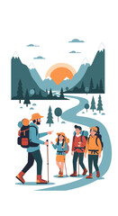 Naklejka premium Illustration Of Group Hiking Adventure Through Majestic Mountains At Sunset Perfect For Travel
