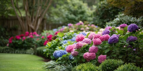 Vibrant hydrangeas blooming in lush garden with colorful foliage