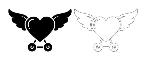 Whimsical winged heart with wheels, symbolizing love in motion or a special delivery.