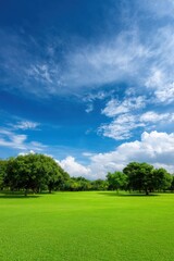 Fototapeta premium Vibrant green park under clear blue sky with scattered clouds