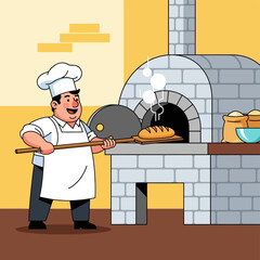 Chef Baking Pizza in Oven.