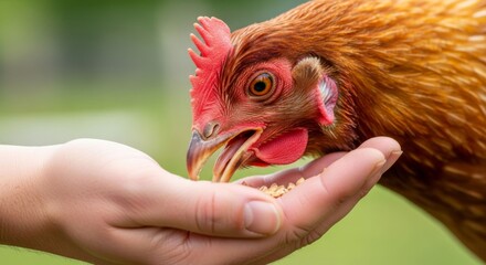 Fototapeta premium Close-up of a hen eating seeds from a person's hand, farm animal feeding, rural life