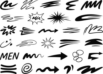 Fototapeta premium Various hand-drawn black ink brush strokes, scribbles, arrows, and dynamic comic book style accents provide graphic.