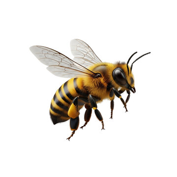 Realistic flying honey bee isolated on transparent background, insect pollinator for nature, agriculture, ecology, honey production and wildlife design