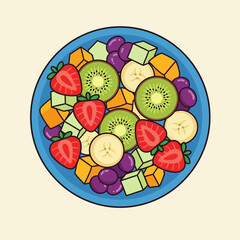 Colorful Fruit Salad in Blue Bowl.
