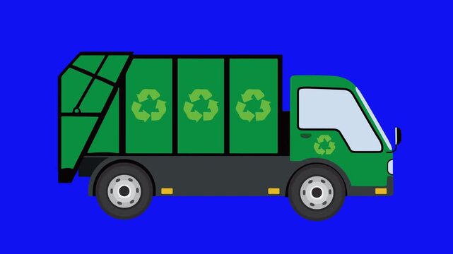Dump truck transport looping animation. Green Garbage truck vehicle looping animated on blue screen