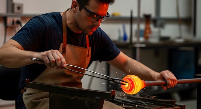 Professional Glass Blower Working with Molten Hot Glass | Master Artisan Crafting Fine Art & Sculpture in Studio