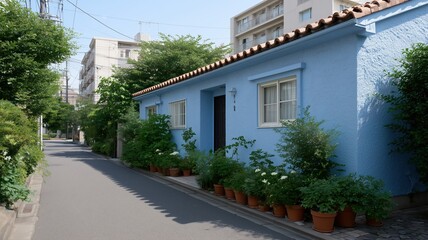 明るい日差しの中で足場に立つ塗装工による日本の家の外壁塗装