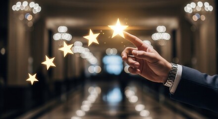 Businessman hand touching five star rating in luxury hotel lobby. Premium hospitality service, excellence in tourism, elite corporate travel experience and prestigious building quality.