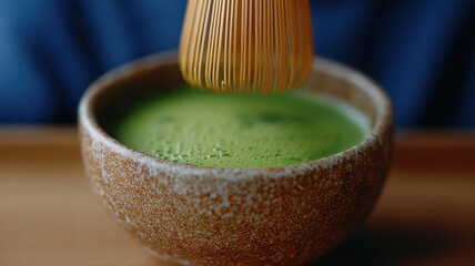竹の茶筅で抹茶を点てる日本の子供。手と鮮やかな抹茶の泡にクローズアップで焦点を当てている。