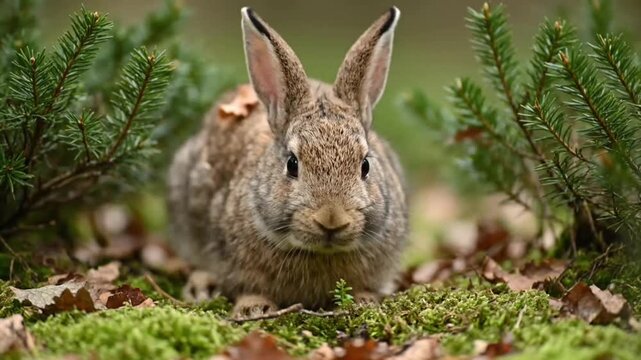 A cute small fluffy brown bunny with long ears sits in the green grass and wild nature of the woods