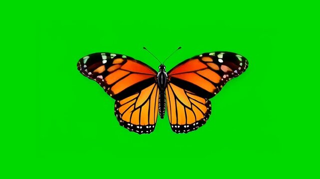 Vibrant monarch butterfly on green screen with open wings