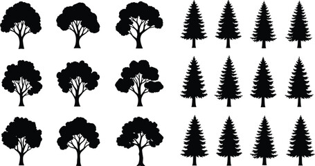 Set of black tree silhouettes including deciduous and coniferous pine fir trees isolated on white background for nature landscape forest design, © Shahadot Creatives