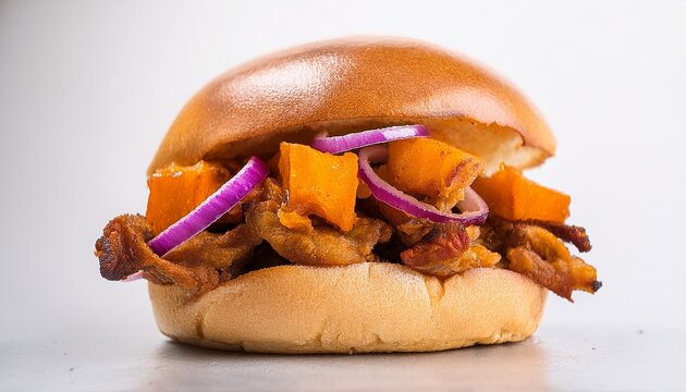 hispanic burger pan con chicharron peruvian breakfast sandwich crisp fried pork with fried slices of sweet potato and purple onion with salsa criolla in soft bread latino food on white background