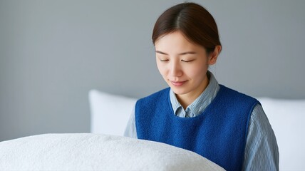 日本のプロのハウスキーピング：明るく風通しの良いコンパクトな部屋に清潔なリネンを配置する清掃員