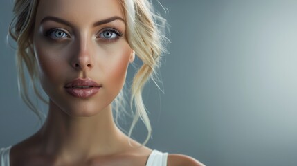 Beauty portrait of a blonde woman with blue eyes, flawless glowing skin and natural makeup, close-up studio shot on soft gray background with copy space