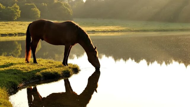 A brown mare and her foal graze in a lush green meadow under a summer sky, capturing a serene rural landscape of equine animals on a peaceful ranch pasture