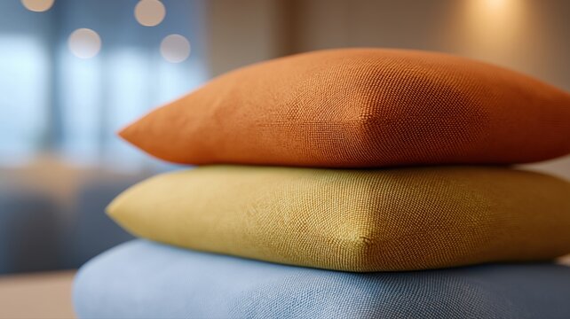 きれいに畳まれた布団と明るい対照的な色のクッションが揃った、落ち着いた日本のインテリア