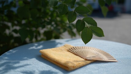 日本の夏の涼しさ対策：明るい日光の下での冷感タオルと手持ち扇風機の静物画