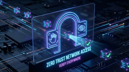 Fototapeta premium Zero Trust Network Access Concept with Neon Biometric Symbols on Futuristic Circuit Board Background