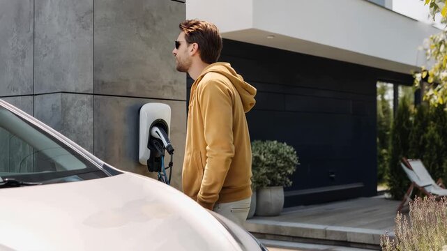 Charging a vehicle outside a modern house while checking a smartphone in the afternoon sun