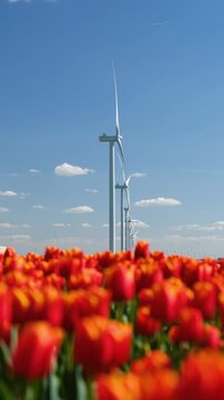 Vertical 9:16 shot featuring a wind turbine behind a vibrant field of tulips. Focus on a wind turbine in the background. Sustainable technology and Dutch spring nature concept for social media.