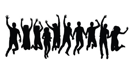 Silhouettes of people jumping and celebrating together in a line