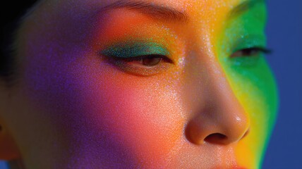 ファッションコンセプトにおける虹色の輝きとドラマチックなジェル照明を備えた女性の鮮やかなスタジオポートレート