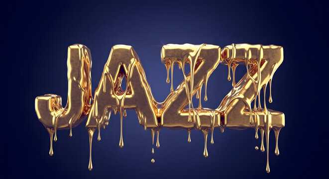 Striking golden JAZZ text in a viscous melting style with elongated drips on a dark blue background symbolizing smooth jazz flow for artistic projects.