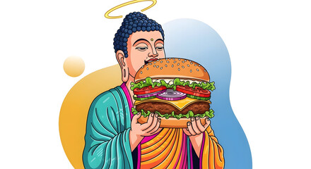Obraz premium Whimsical cartoon depiction of Buddha serenely eating a giant hamburger with a halo on a soft blue and yellow background for humorous spiritual food themes.