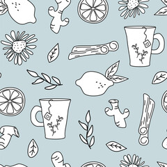 cute hand drawn seamless vector pattern illustration with black and white collection with ginger, cinnamon, chamomille flowers, lemon, tea mug on pastel blue background