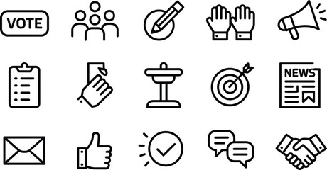 Obraz premium Vote and community participation icon set with target news handshake speech bubble and checkmark symbols outline art