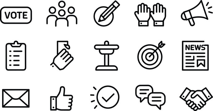 Vote and community participation icon set with target news handshake speech bubble and checkmark symbols outline art
