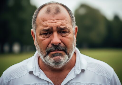 Close Up Portrait Of A Sad Middle Aged Man With A Grey Beard Outdoors