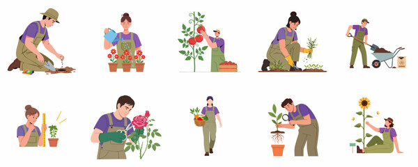 Fototapeta premium Detailed set of flat vector illustrations depicting people gardening, including planting, watering, harvesting, weeding, and taking care of plants and flowers.