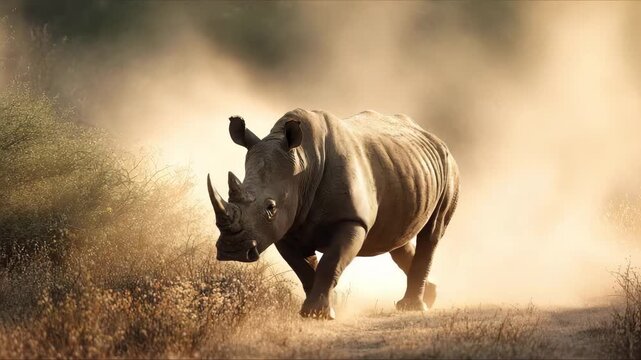 African Rhinoceros Walking Through Dust at Sunset Endangered Wildlife and Conservation Concept