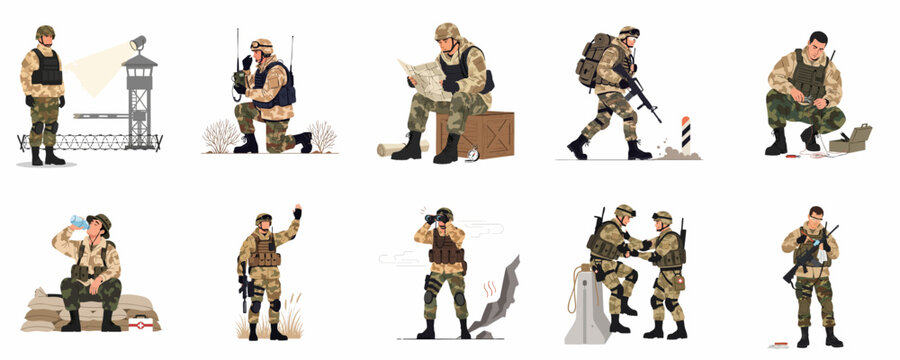 Set of military personnel engaged in various army duties including patrolling, communication, navigation, surveillance, equipment maintenance, and field operations.