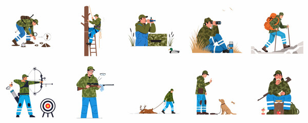 Fototapeta premium Collection of flat illustrations showing various hunting and outdoor recreation activities including tracking, observing, bow shooting, rifle use, climbing, hiking, and training a dog.