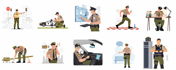 Diverse Police Officer Duties Set: Traffic Control, Digital Investigation, Patrol, Administrative Work, and Community Engagement Vector Illustrations. © Akira