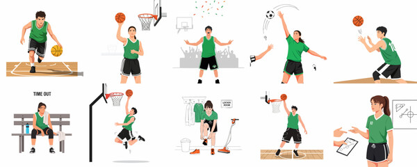Basketball game action set featuring players dribbling, shooting, celebrating, taking a time out, preparing in the locker room, and discussing strategy. © Akira
