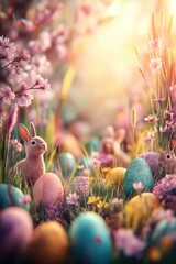 Obraz premium Little bunnies finding colorful Easter eggs in spring garden. Cute bunnies celebrating Easter surrounded by decorated eggs and blooming cherry blossoms