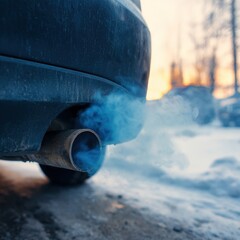 Car exhaust emission in winter sunset scene with visible smoke