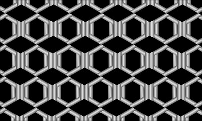 Seamless 3D Metallic Hexagon Frame Pattern with Silver Gradient on Black Background