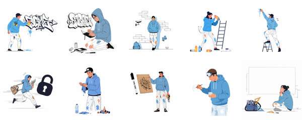 Fototapeta premium Set of vector illustrations depicting young graffiti artists sketching, painting, and engaging in urban street art creation and culture.